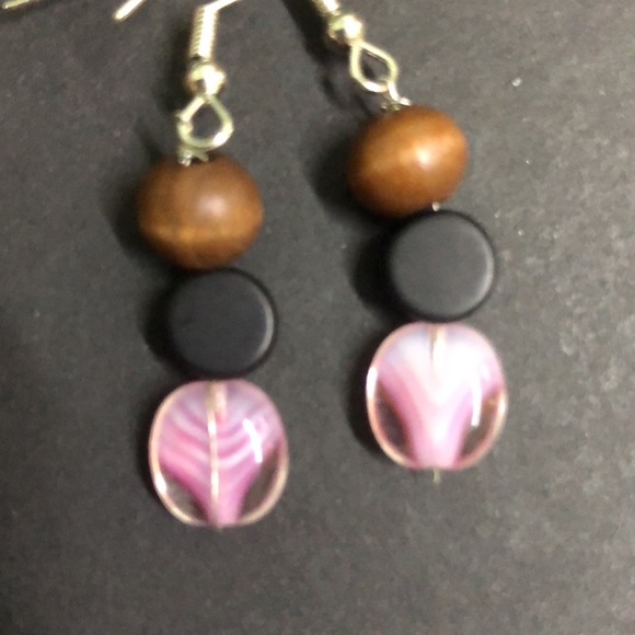 Handmade pink glass and wood bead earrings - Picture 3 of 3